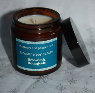 Small travel candle made from GM free soya free wax and pure rosemary and peppermint essential oils