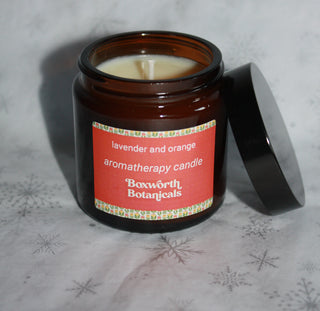 Small Travel candle made with GM free soya wax and pure lavender and orange essential oils