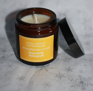 Small GM free soya wax candle with lemon, patchouli and lemongrass essential oils