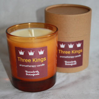 A Christmas candle made with GM free soya and pure frankincense, myrrh, eucalyptus, orange and clove essential oils.